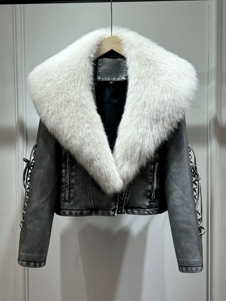 DETACHABLE FUR COLLAR WARM FAUX LEATHER JACKET