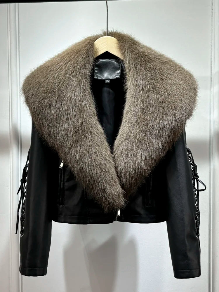 Fur Collar Jumpsuit Faux Leather main image 0