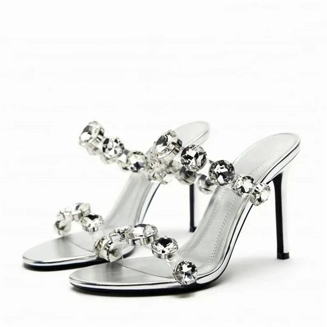 Crystal mid-heel studded slide sandals